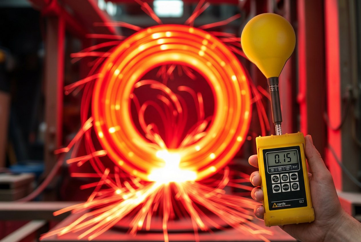 Glowing red induction heating coil with an EMF survey meter in the foreground