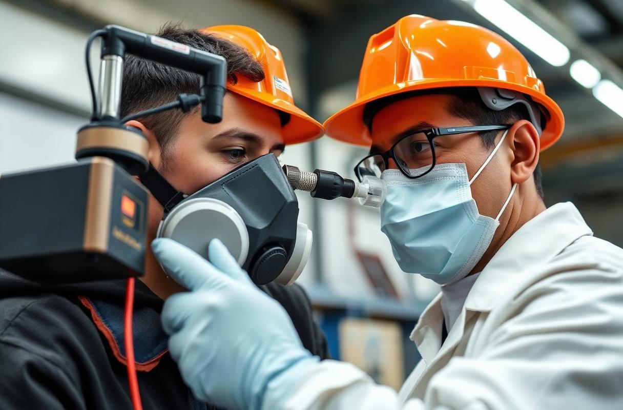 Occupational hygienist performing a quantitative Portacount face-fit test on a worker wearing a tight-fitting half-mask respirator