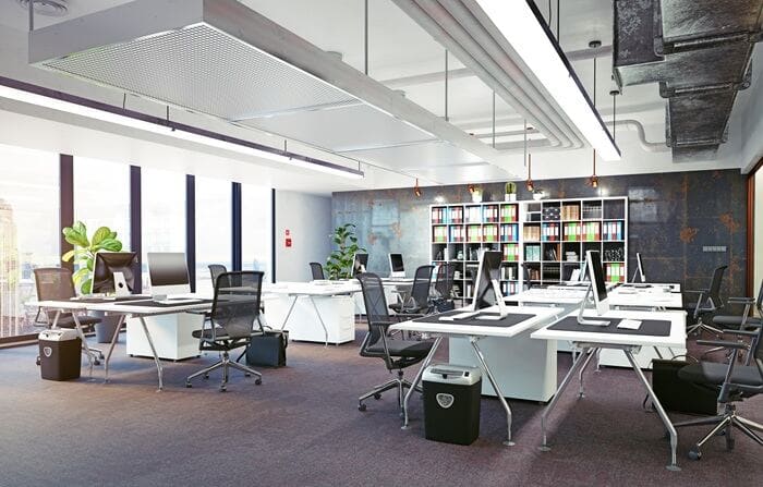 Bright open-plan office with planting and natural light — indoor air quality testing