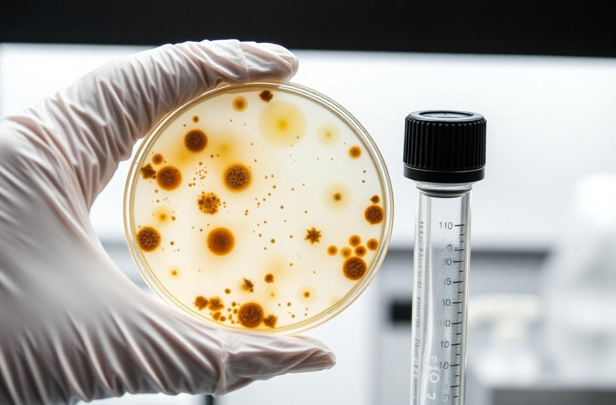 Gloved hand holding an agar petri dish with bacterial and mould colonies alongside a bio-aerosol sampling tube