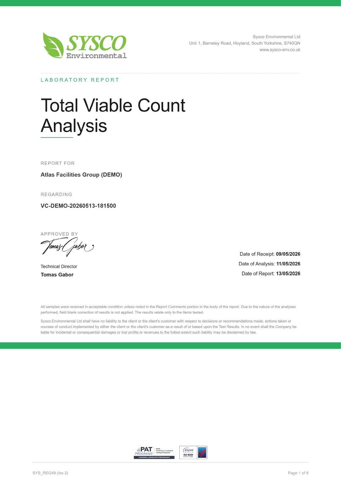 Sample report — Cover sheet