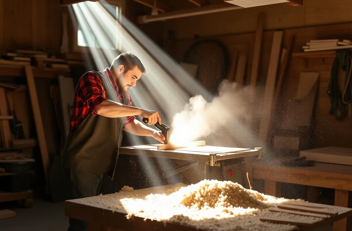 Carpenter cutting timber on a workshop bench with airborne wood dust illuminated by shafts of light